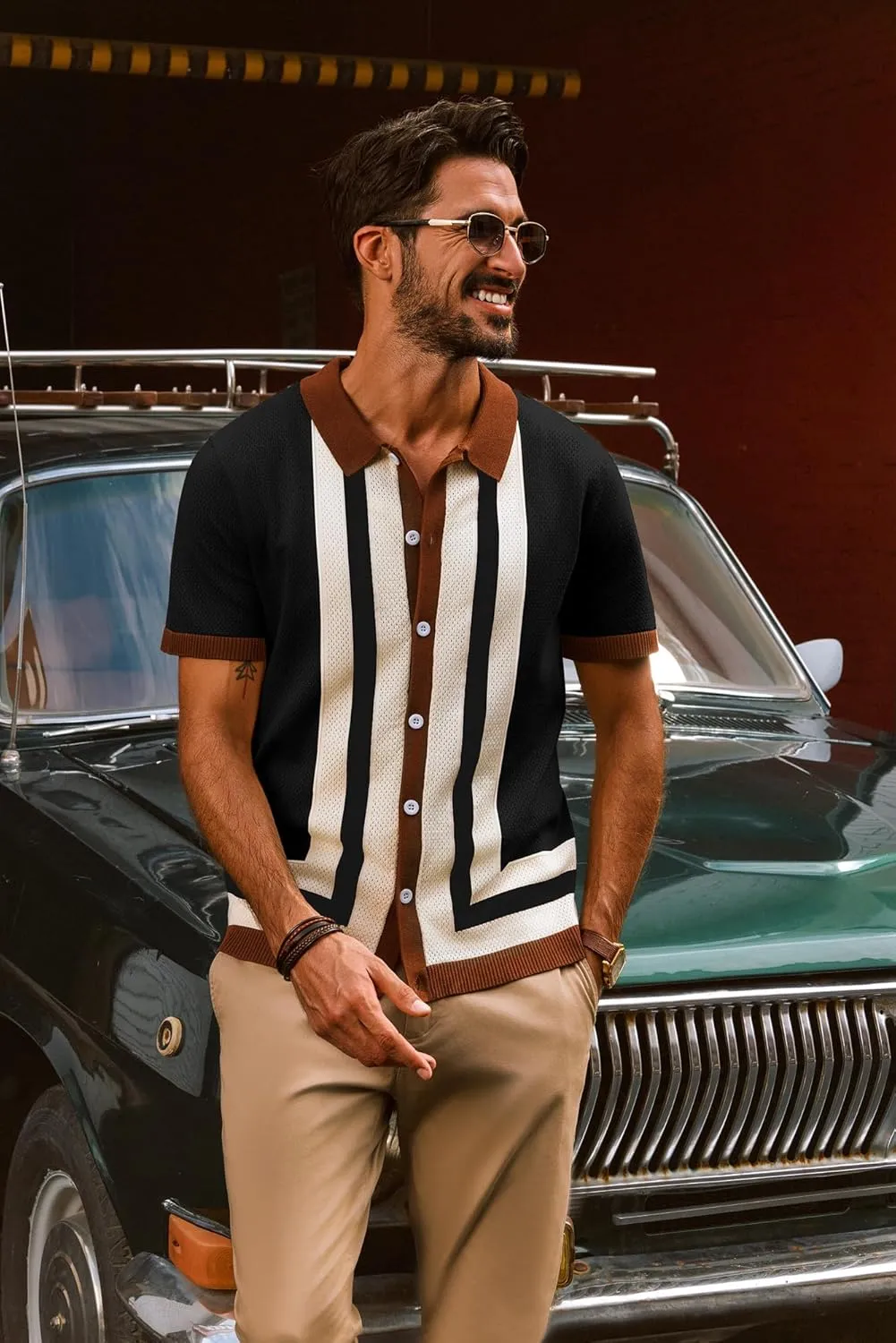 PJ PAUL JONES Mens Polo Shirts Vintage Striped Button Down Knitted Golf Shirts
