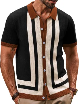 PJ PAUL JONES Mens Polo Shirts Vintage Striped Button Down Knitted Golf Shirts