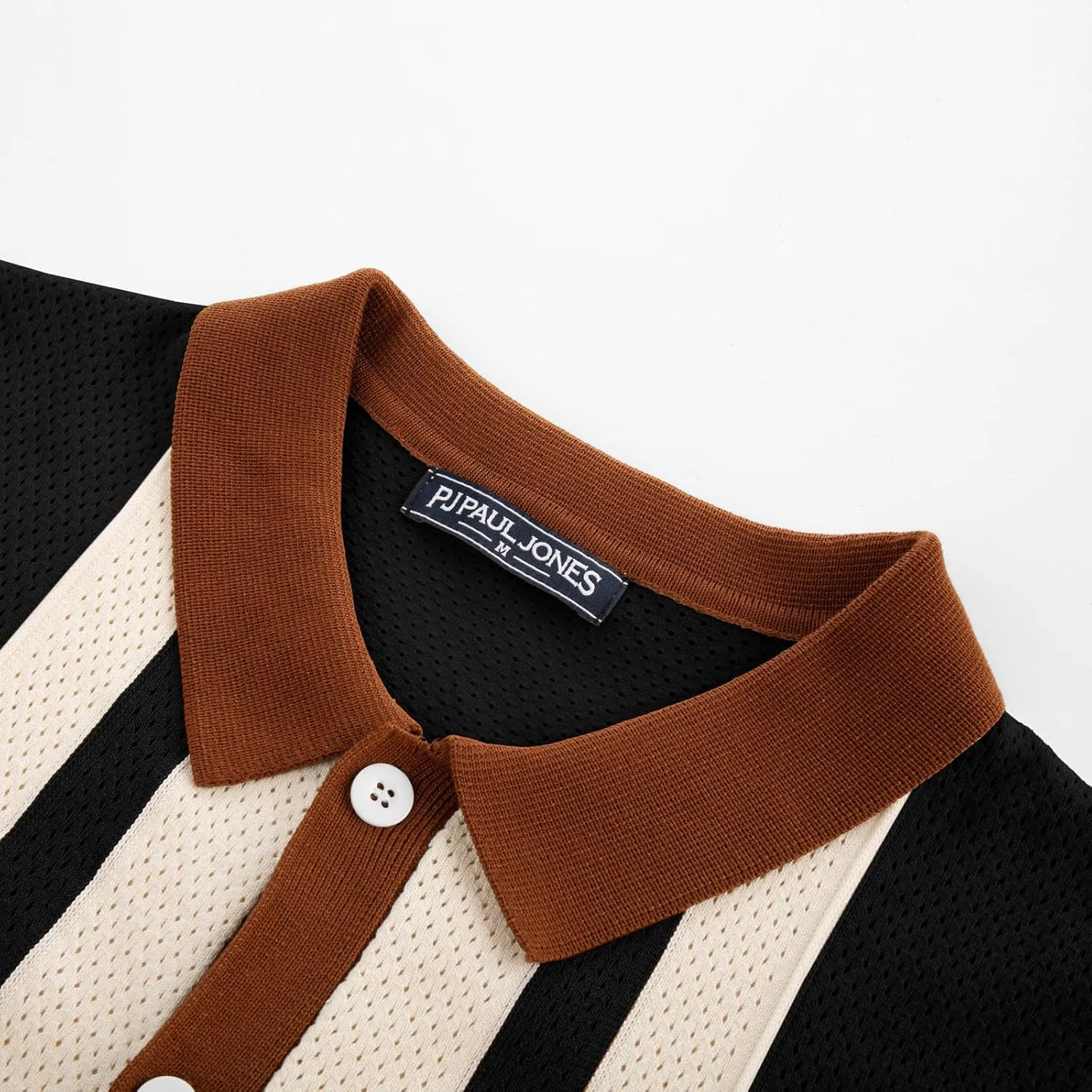 PJ PAUL JONES Mens Polo Shirts Vintage Striped Button Down Knitted Golf Shirts