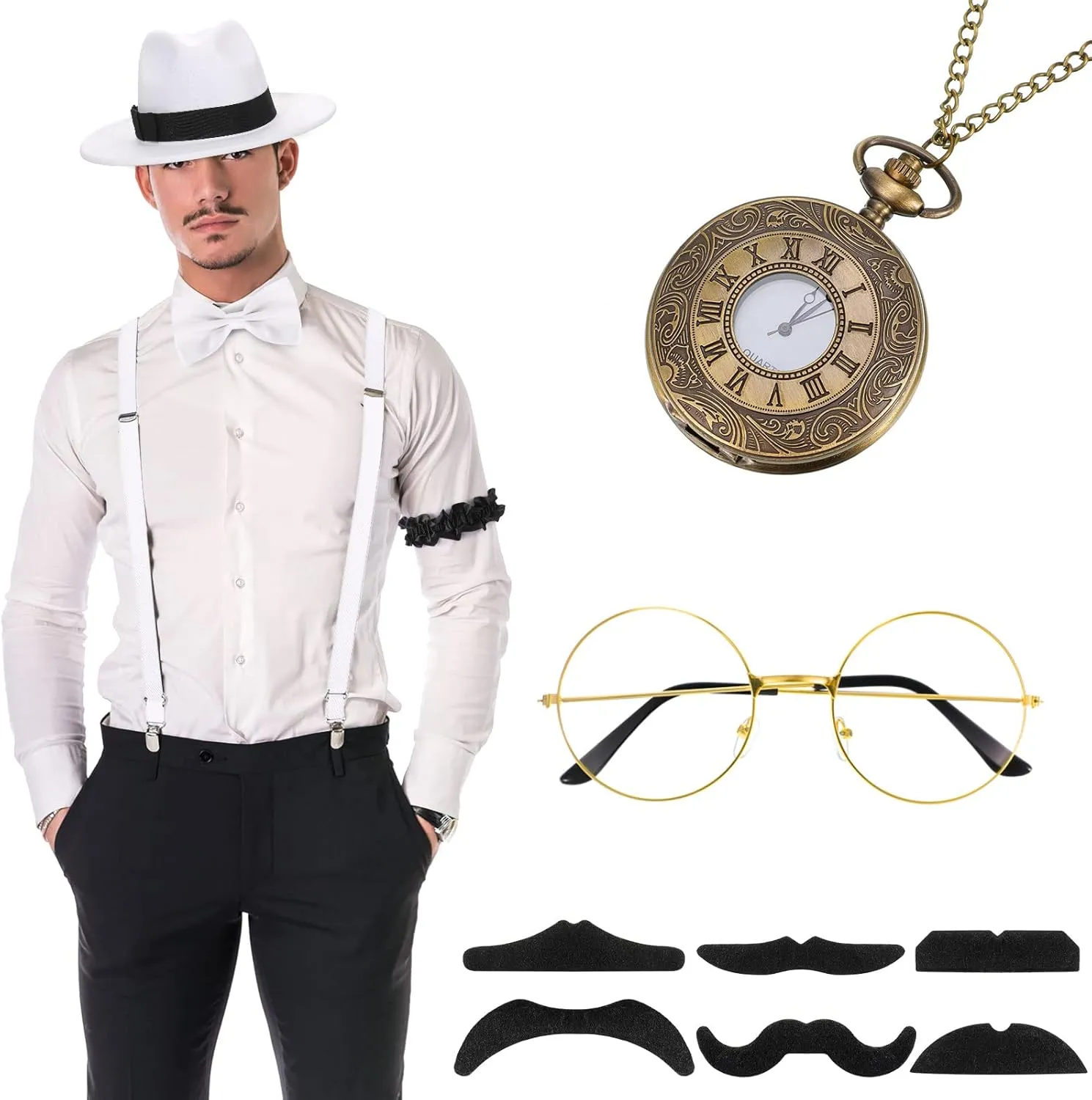 SATINIOR 1920s Old Men Costume Roaring Retro Accessories Set Gangster Hat Bow Tie Pocket Watch Suspender Glass Beard Tie Clip