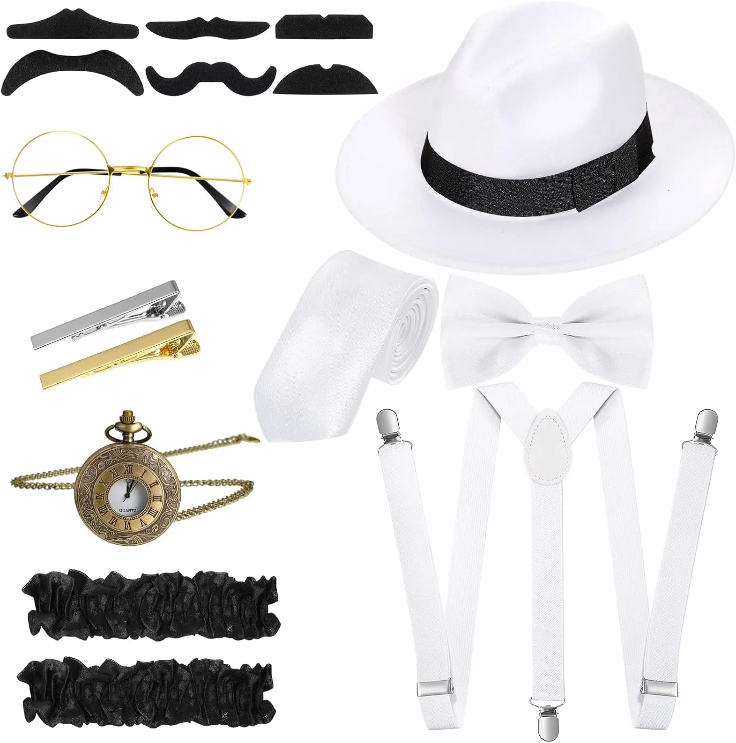 SATINIOR 1920s Old Men Costume Roaring Retro Accessories Set Gangster Hat Bow Tie Pocket Watch Suspender Glass Beard Tie Clip