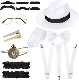 SATINIOR 1920s Old Men Costume Roaring Retro Accessories Set Gangster Hat Bow Tie Pocket Watch Suspender Glass Beard Tie Clip