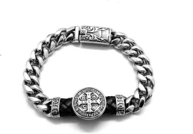 St Benedict Exorcism Bracelet, Stainless Steel Catholic Bracelet Saint Benedict Medal Cuff Roman Cross Protection Jewelry Religious Amulet Gift for Men Patron Bracelets Size 8.5 Inches