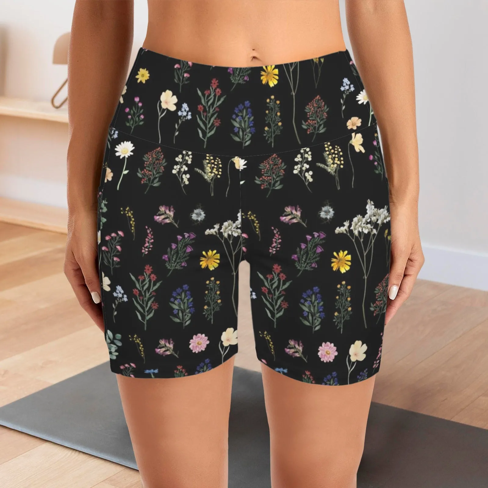 Wildflowers Black Yoga Shorts with Pockets up to 5 XL (FWS)
