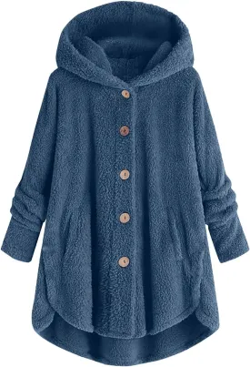 Women Plus Size Button Plush Tops Hooded Loose Cardigan Wool Coat Winter Jacket