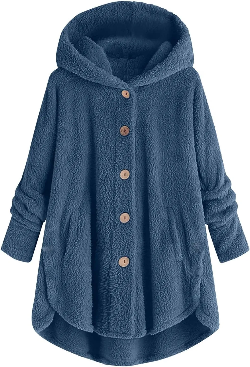 Women Plus Size Button Plush Tops Hooded Loose Cardigan Wool Coat Winter Jacket