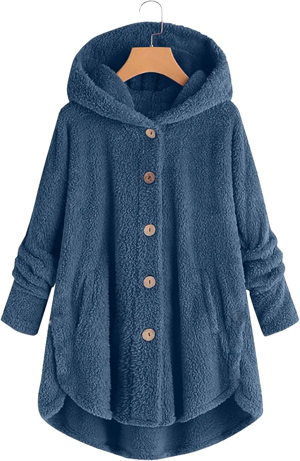 Women Plus Size Button Plush Tops Hooded Loose Cardigan Wool Coat Winter Jacket