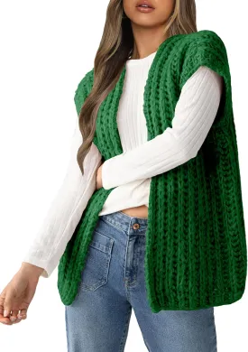 Womens Chunky Knit Sweater Vest Spring Casual Cap Sleeve Open Front Cardigan Sweater Tops