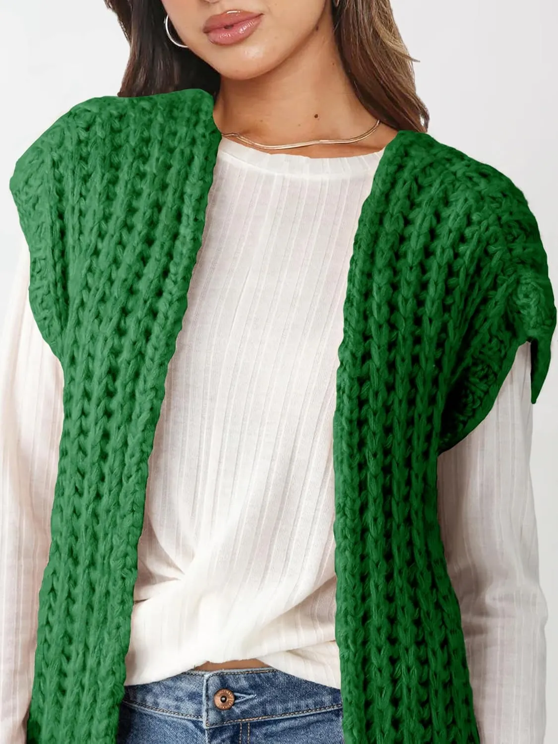Womens Chunky Knit Sweater Vest Spring Casual Cap Sleeve Open Front Cardigan Sweater Tops