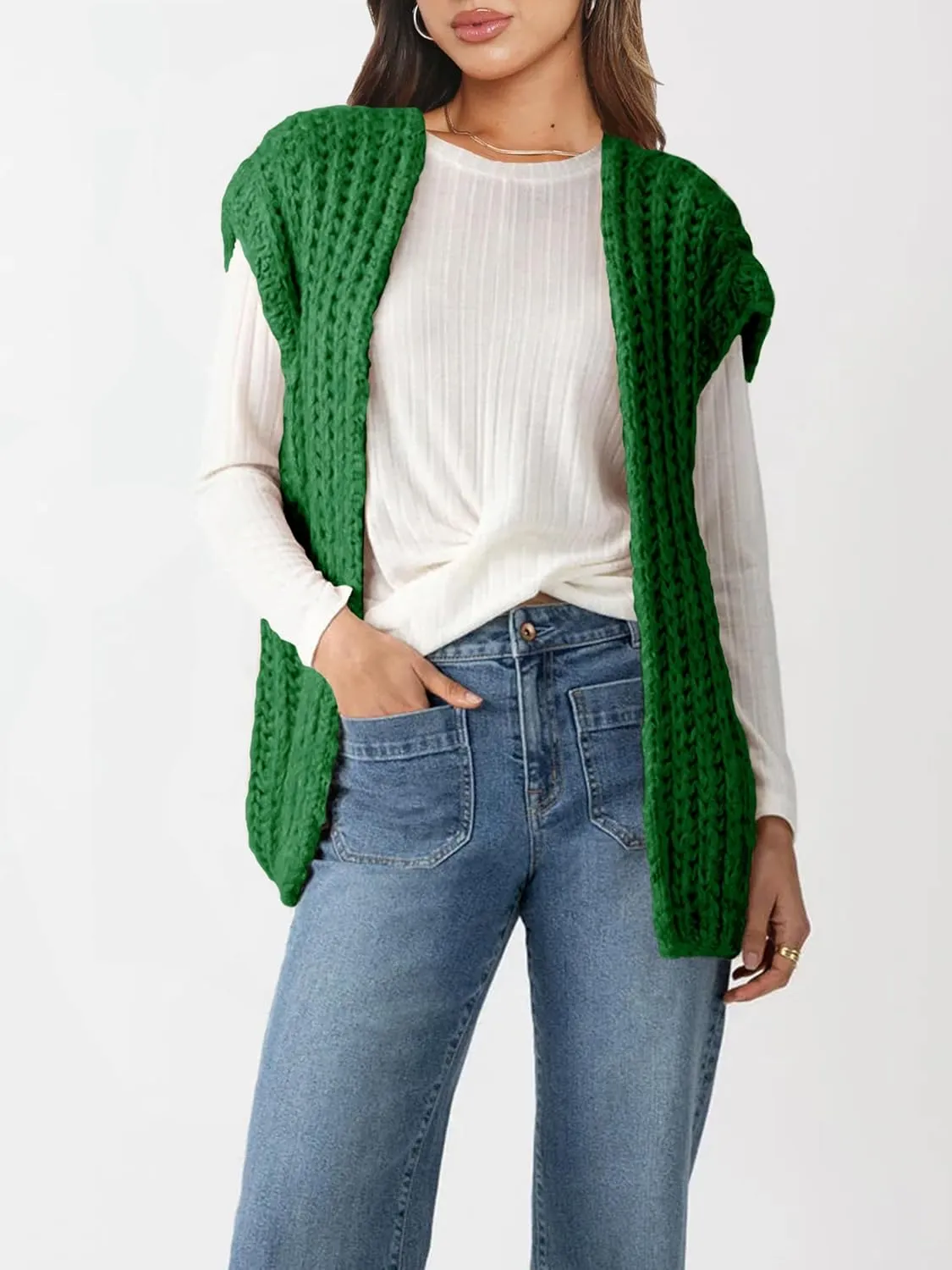 Womens Chunky Knit Sweater Vest Spring Casual Cap Sleeve Open Front Cardigan Sweater Tops