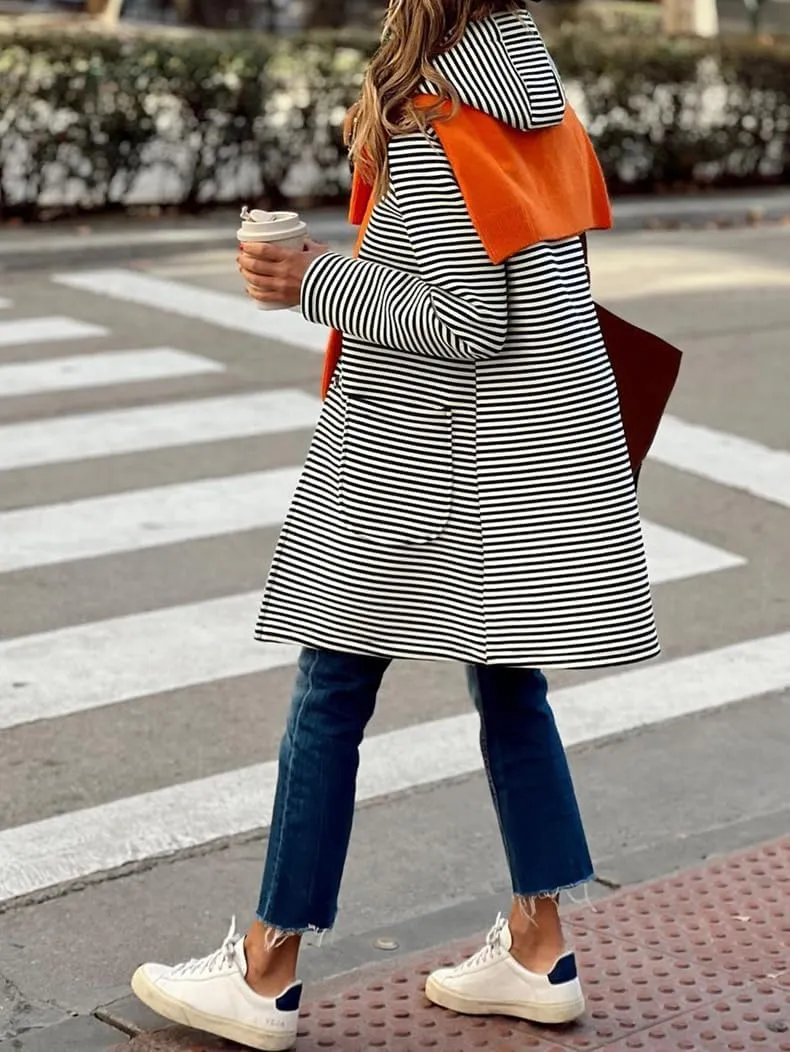 Womens Long Cardigan Color Block Striped Hooded Sweaters Jacket Button Down Long Coatigan Jackets Fall with Pockets