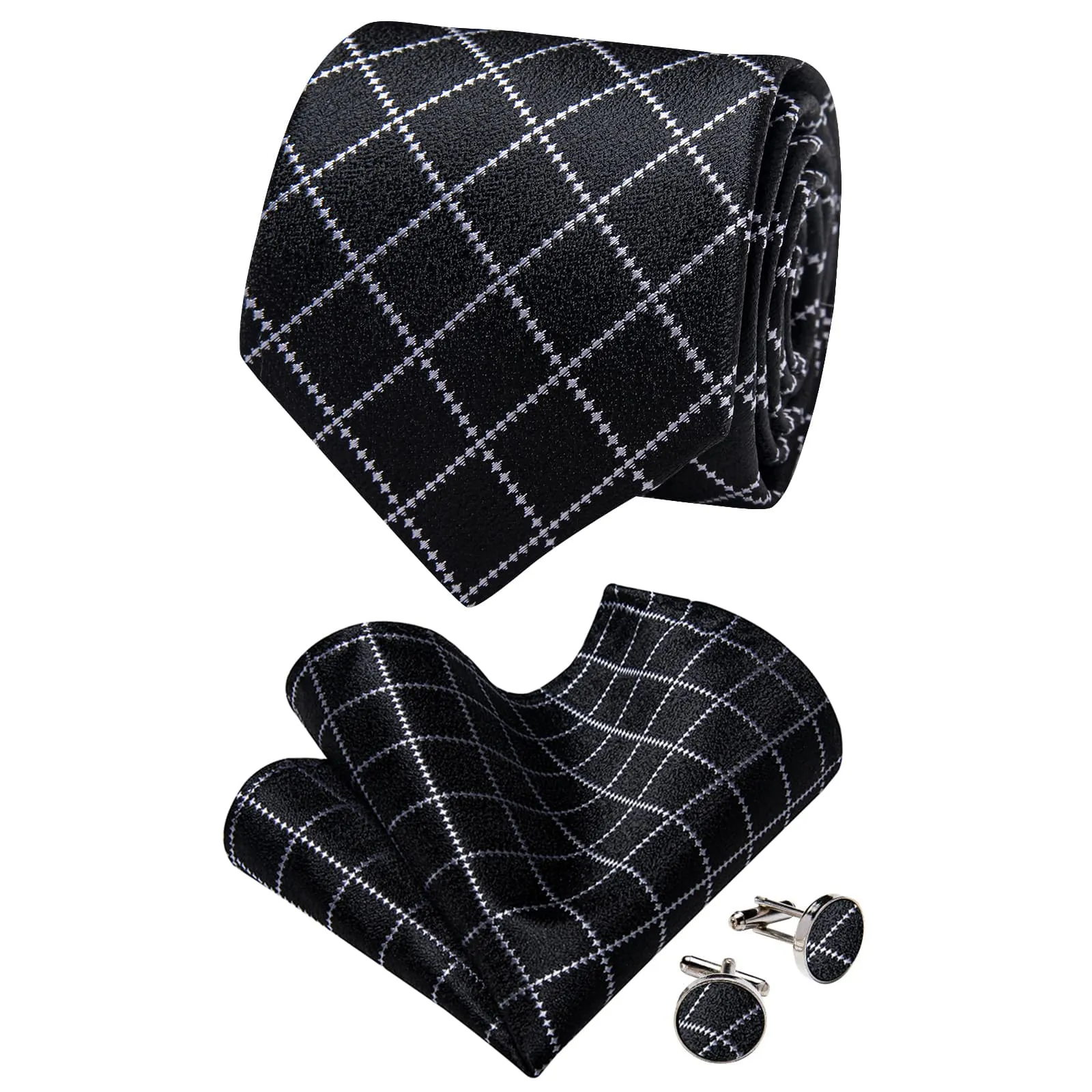 YourTies Black Necktie Silver Grey Checkered Men's Wedding Tie Set