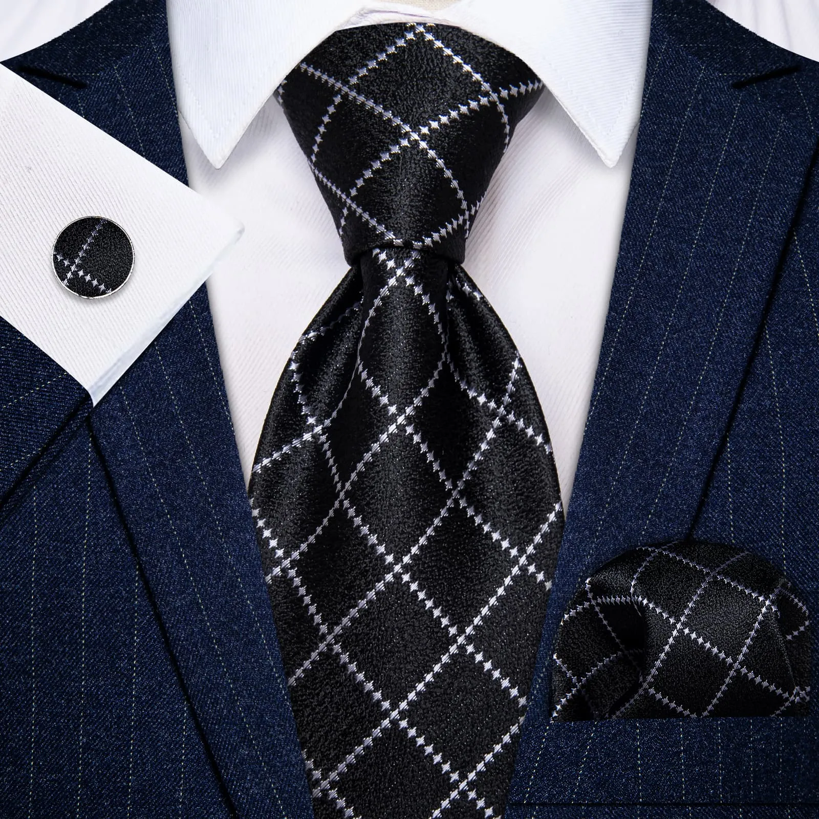 YourTies Black Necktie Silver Grey Checkered Men's Wedding Tie Set