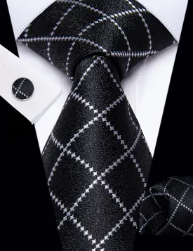 YourTies Black Necktie Silver Grey Checkered Men's Wedding Tie Set
