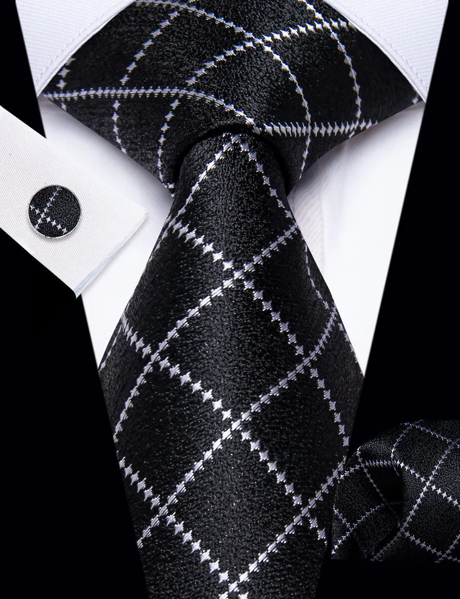 YourTies Black Necktie Silver Grey Checkered Men's Wedding Tie Set