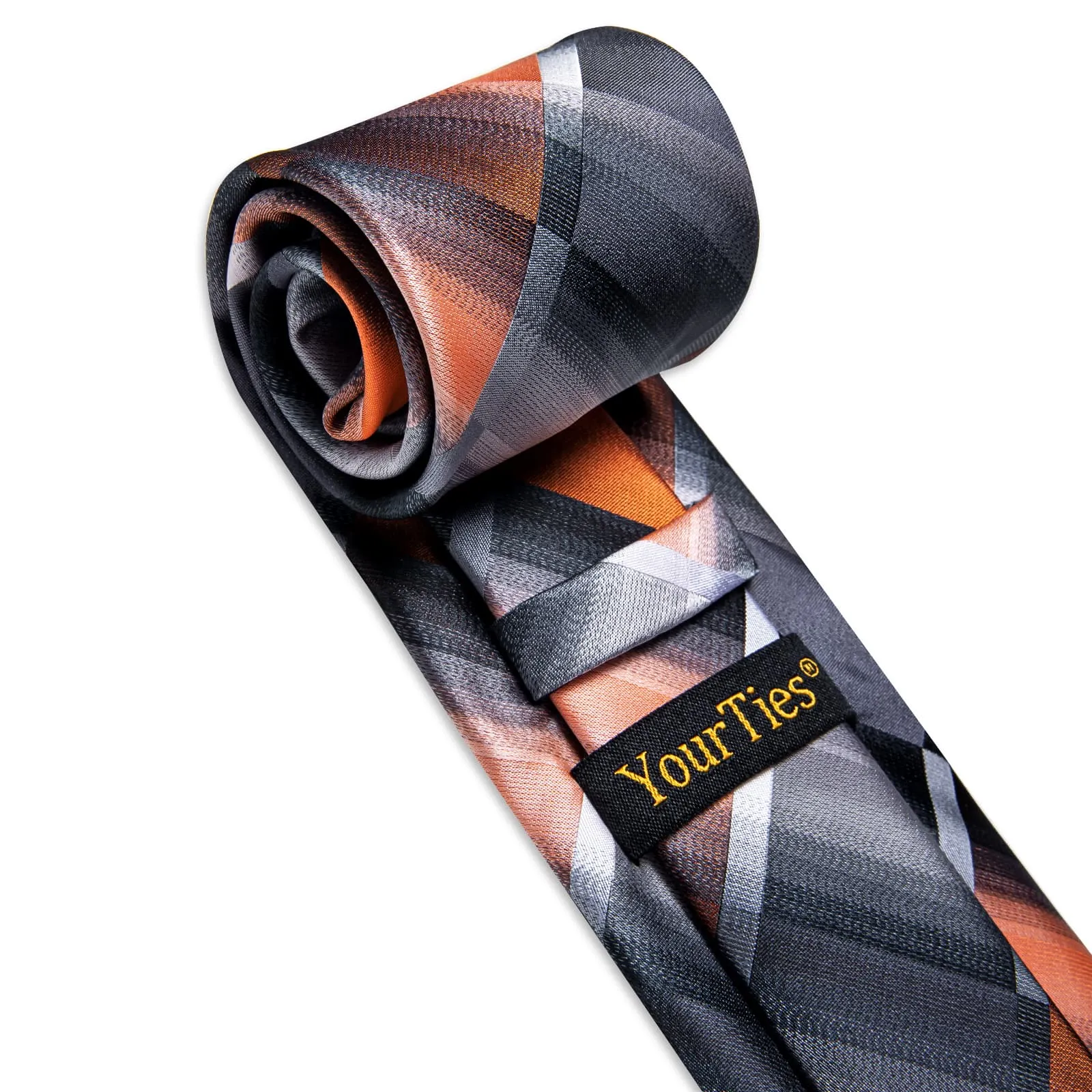 YourTies Silver Grey Orange Checkered Men's Tie Hanky Cufflinks Set
