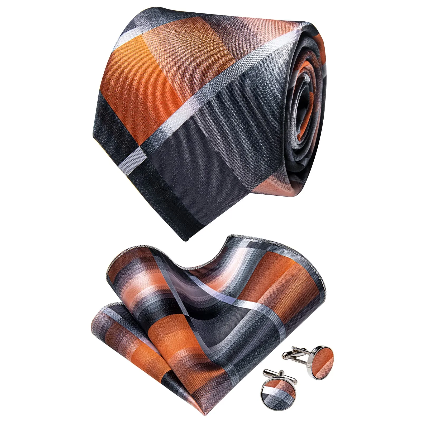 YourTies Silver Grey Orange Checkered Men's Tie Hanky Cufflinks Set