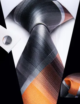 YourTies Silver Grey Orange Checkered Men's Tie Hanky Cufflinks Set