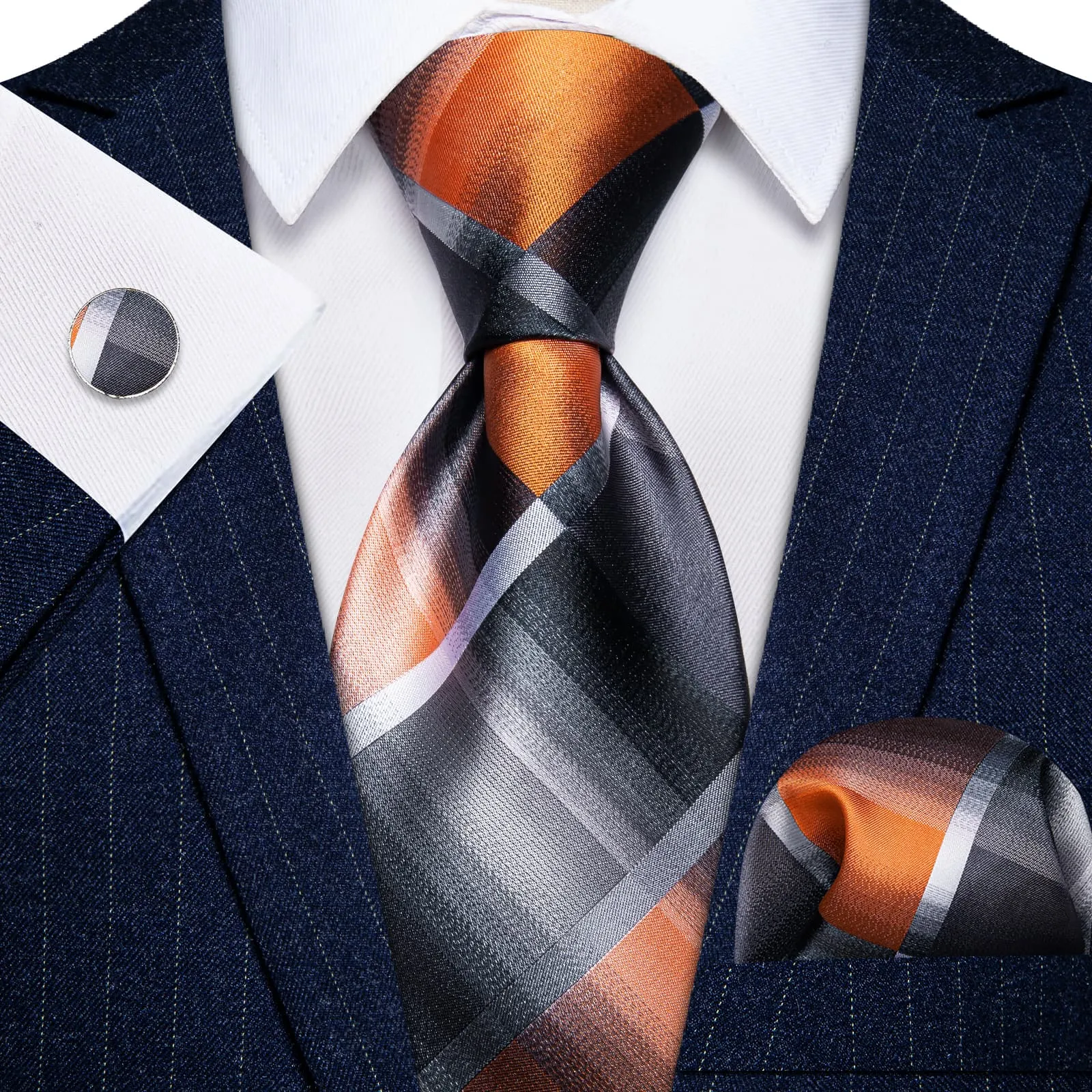 YourTies Silver Grey Orange Checkered Men's Tie Hanky Cufflinks Set