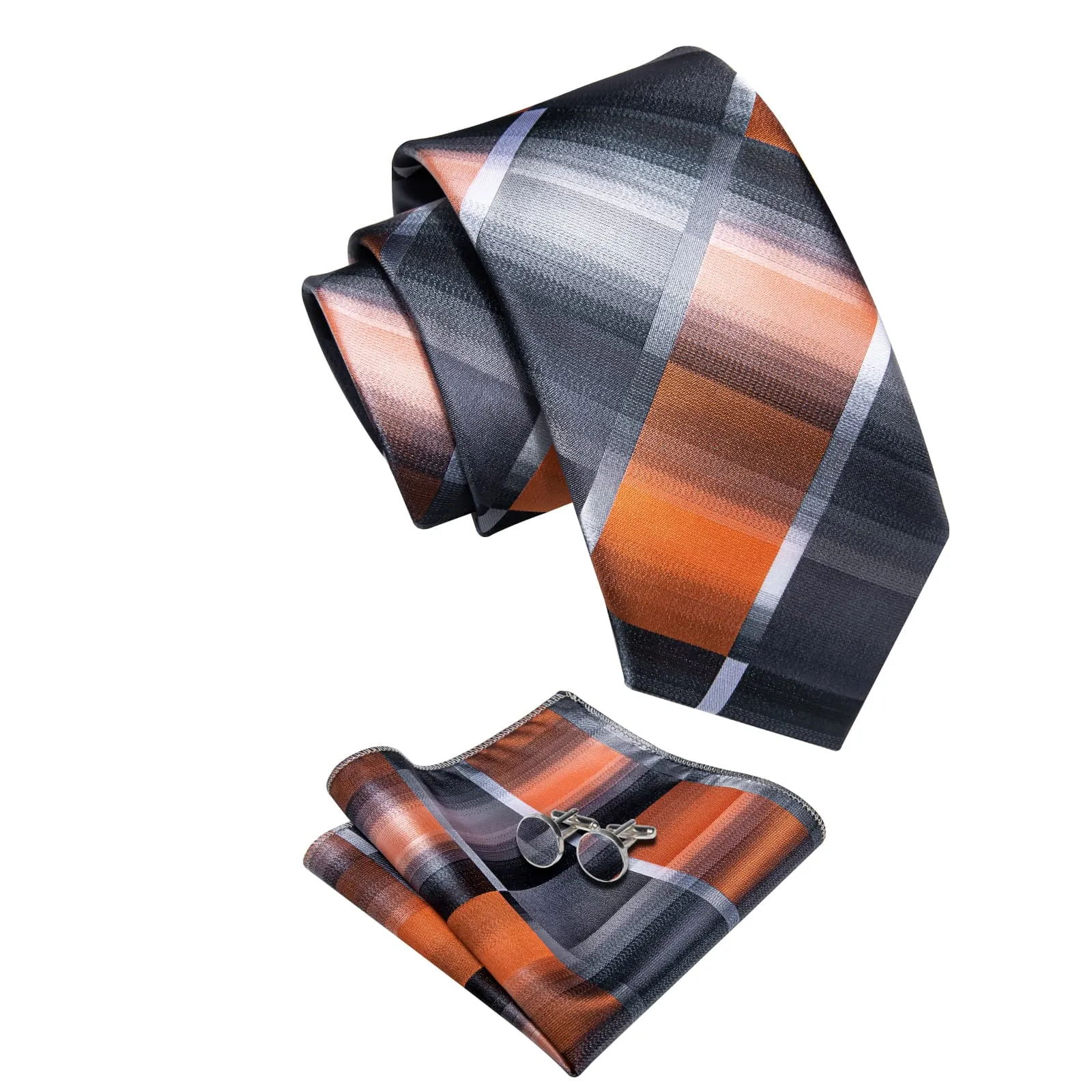 YourTies Silver Grey Orange Checkered Men's Tie Hanky Cufflinks Set