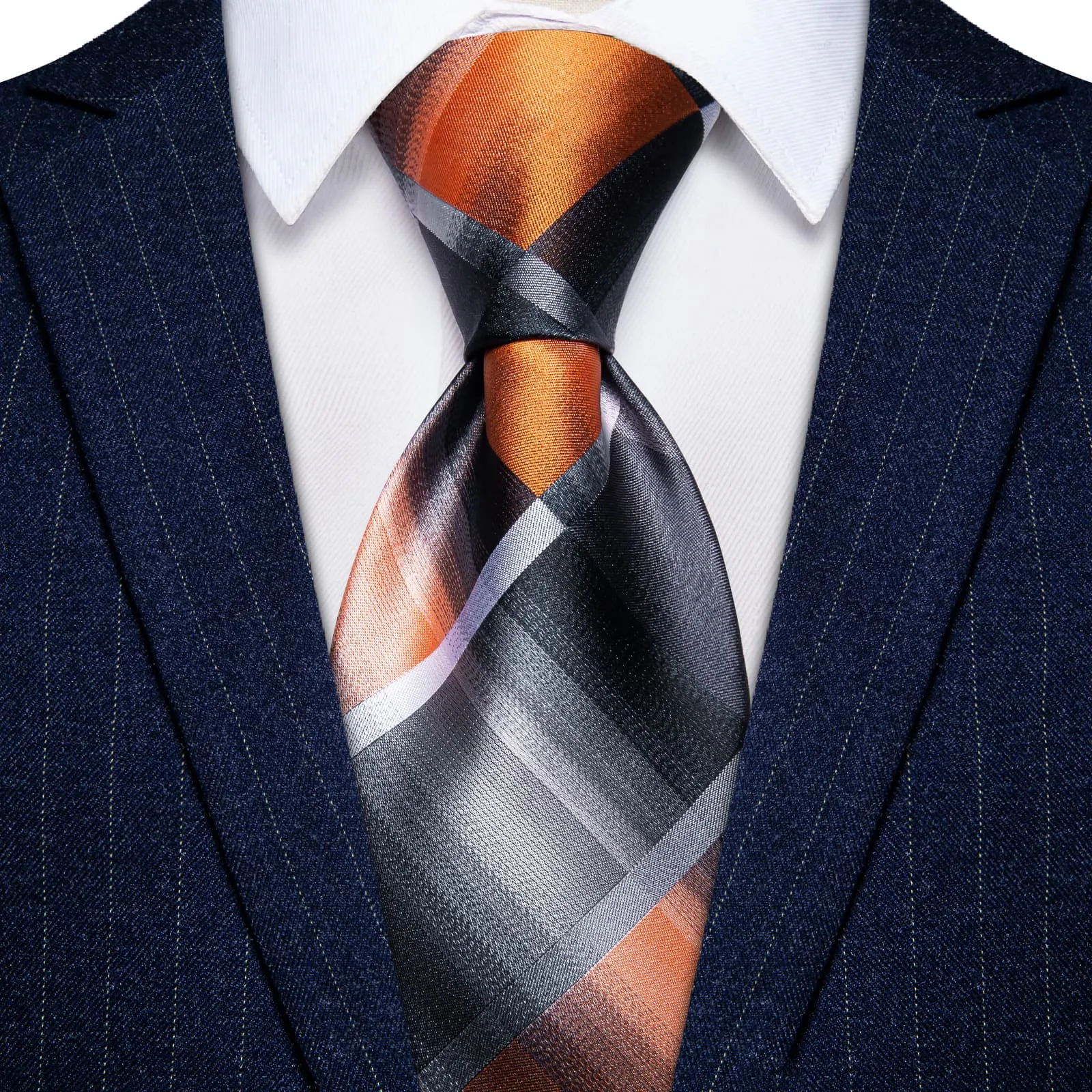 YourTies Silver Grey Orange Checkered Men's Tie Hanky Cufflinks Set